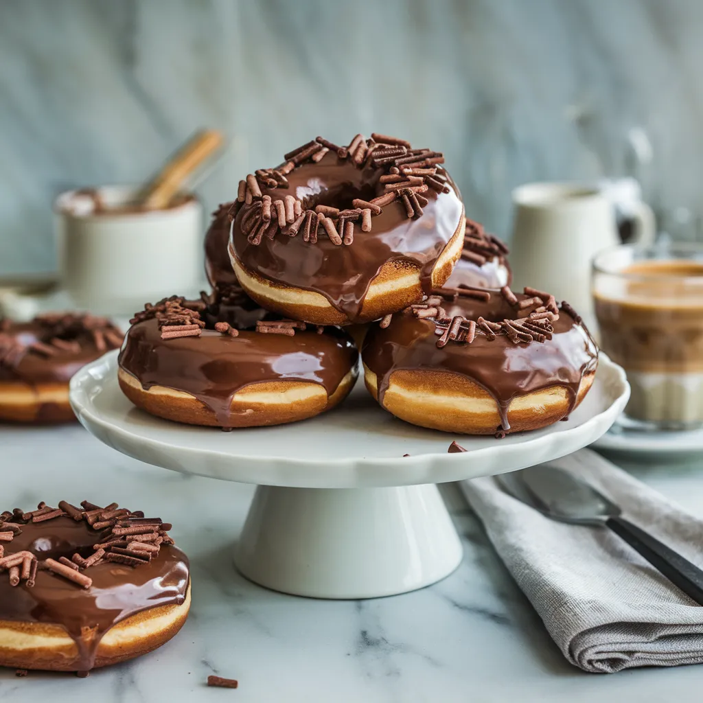 Glazed chocolate donuts arranged on a cake stand with coffee in the background." Caption Image: "Finished Glazed Chocolate Donuts