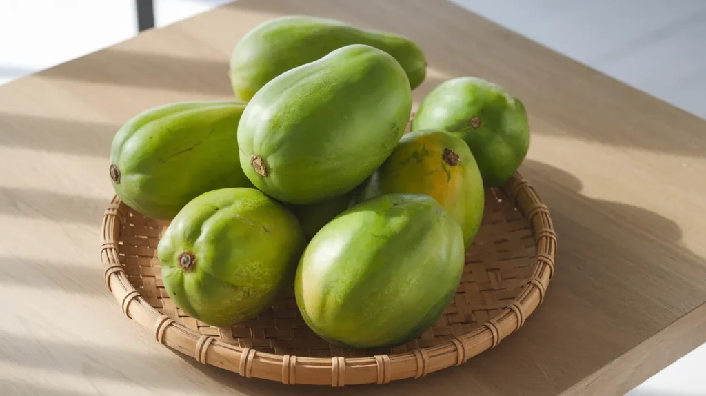 green papaya on  woven basket on a wooden table