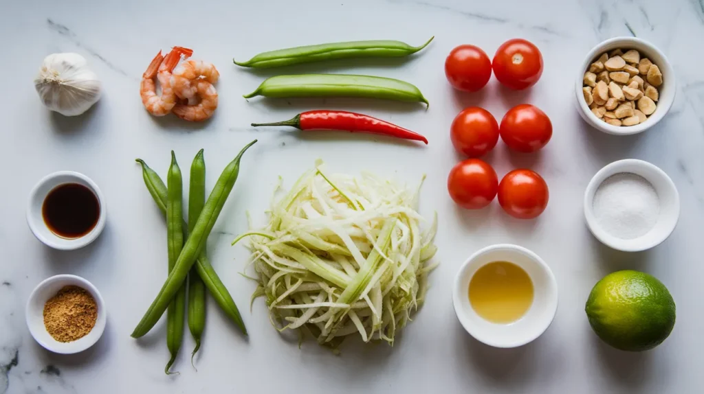 various ingredients for Salad arranged on a white marble surface