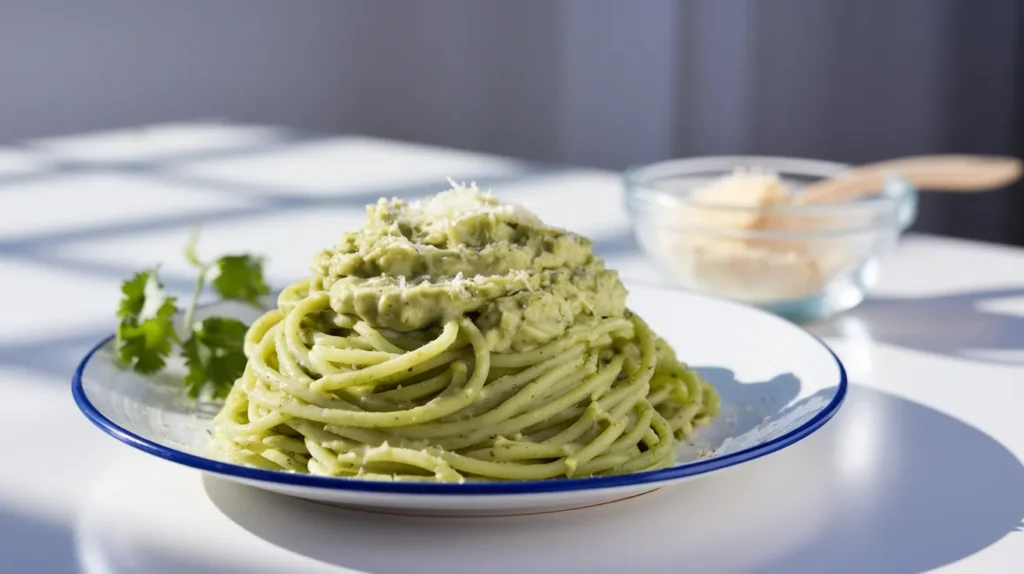 green spaghetti topped with poblano peppers, fresh cilantro