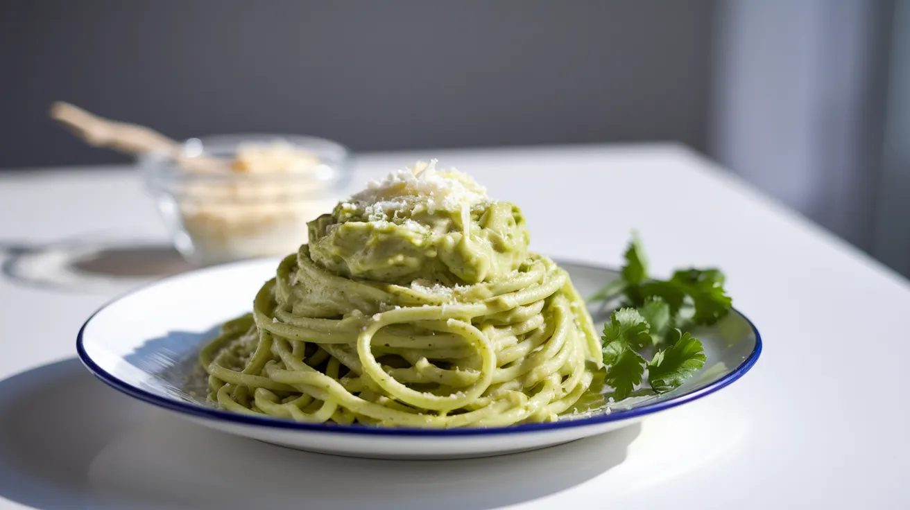 green spaghetti topped with creamy avocado sauce