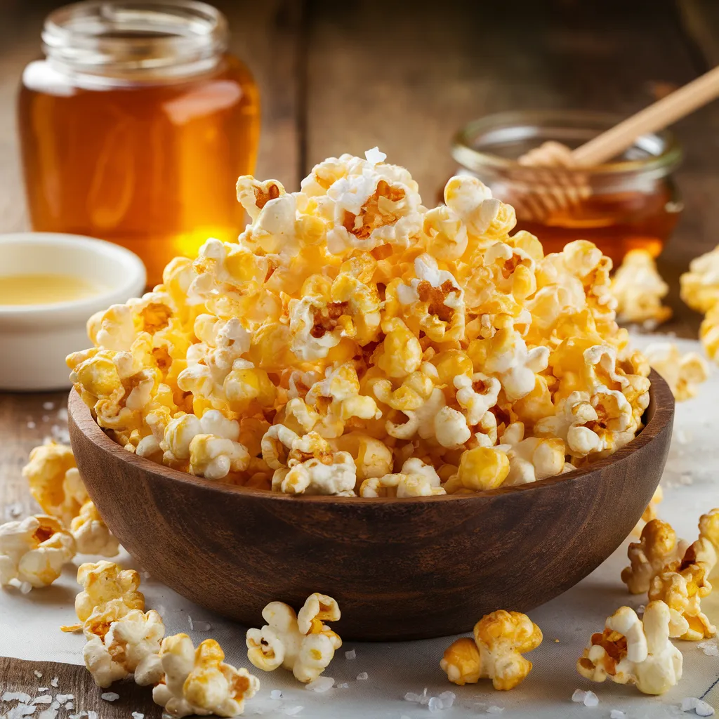 Honey popcorn in a wooden bowl, coated with a golden glaze and sprinkled with sea salt