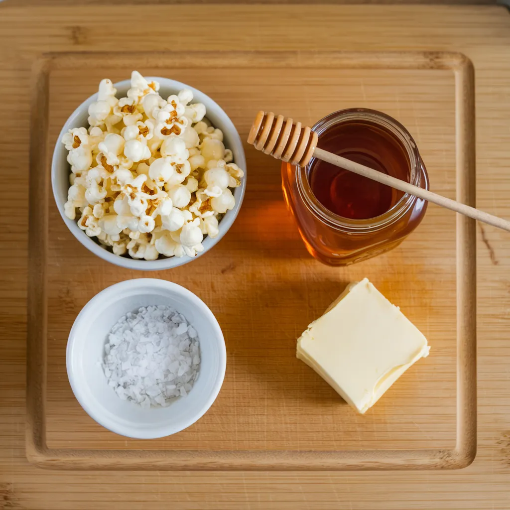 Ingredients for honey popcorn, including popcorn kernels, honey, butter, and sea salt, arranged on a wooden cutting board