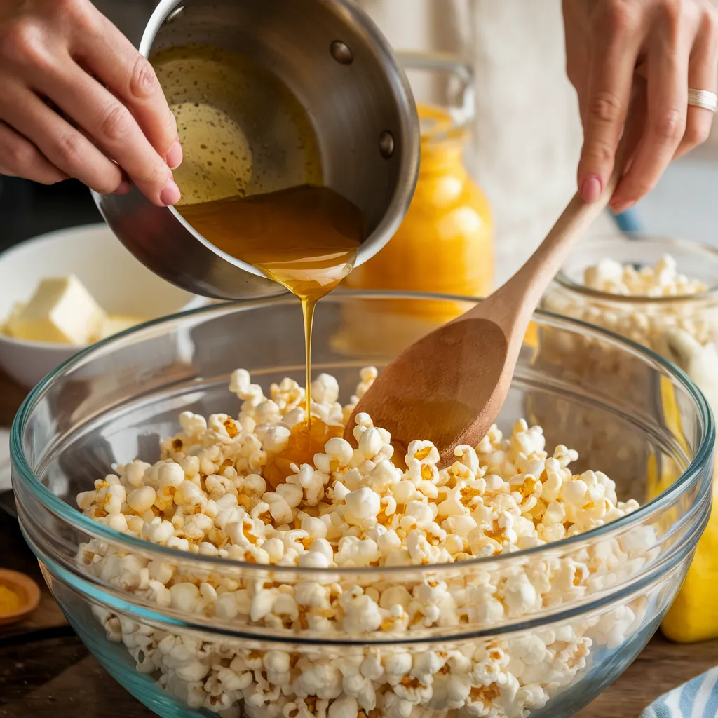 Hands pouring honey glaze over popcorn in a bowl, with preparation tools nearby."
Caption Image: "Preparing Honey Popcorn