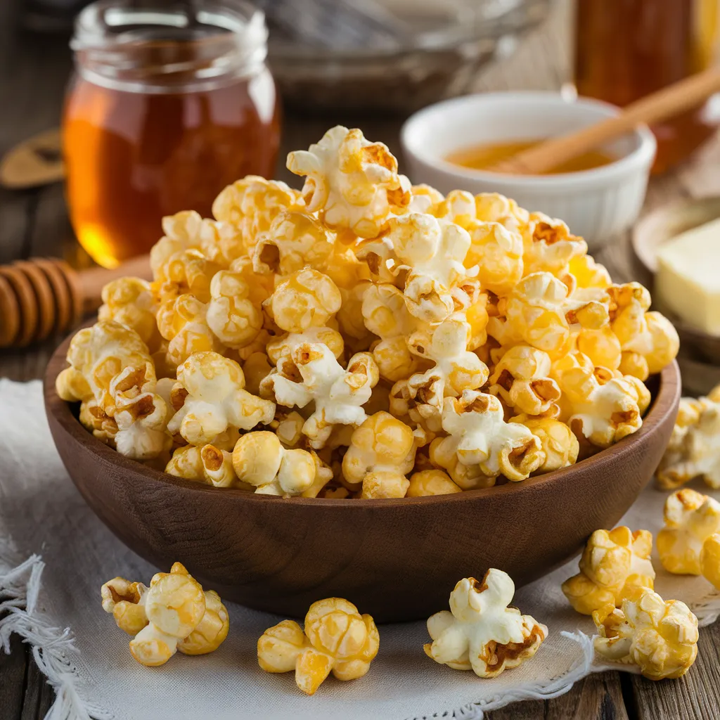 Close-up of honey popcorn coated with a golden glaze and sprinkled with sea salt