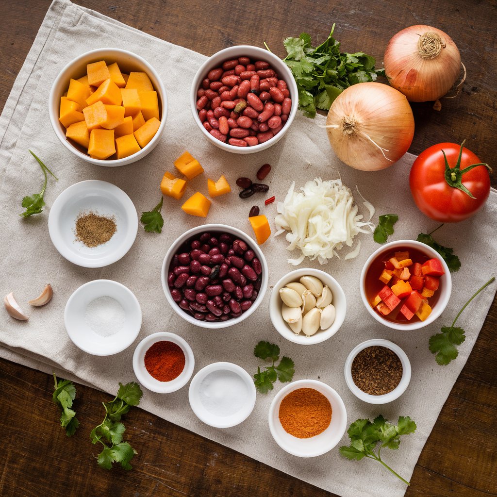 Ingredients for butternut squash chili displayed on a wooden surface, including squash, beans, tomatoes, and spices