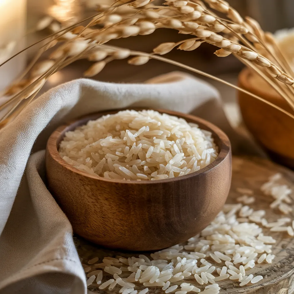 raw rice as the ideal choice for Arroz Imperial. The rice should be displayed in a rustic wooden bowl placed on a textured wooden table, with some loose grains scattered naturally around it