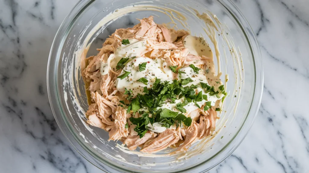 a seasoned chicken mixture in a clear glass mixing bowl on a marble countertop