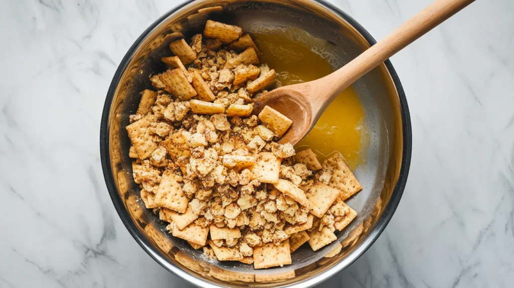 a cracker and butter mixture in a stainless steel bowl