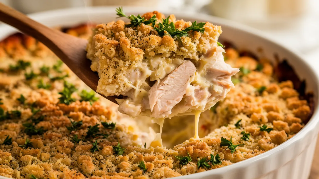 a creamy chicken casserole in a white baking dish