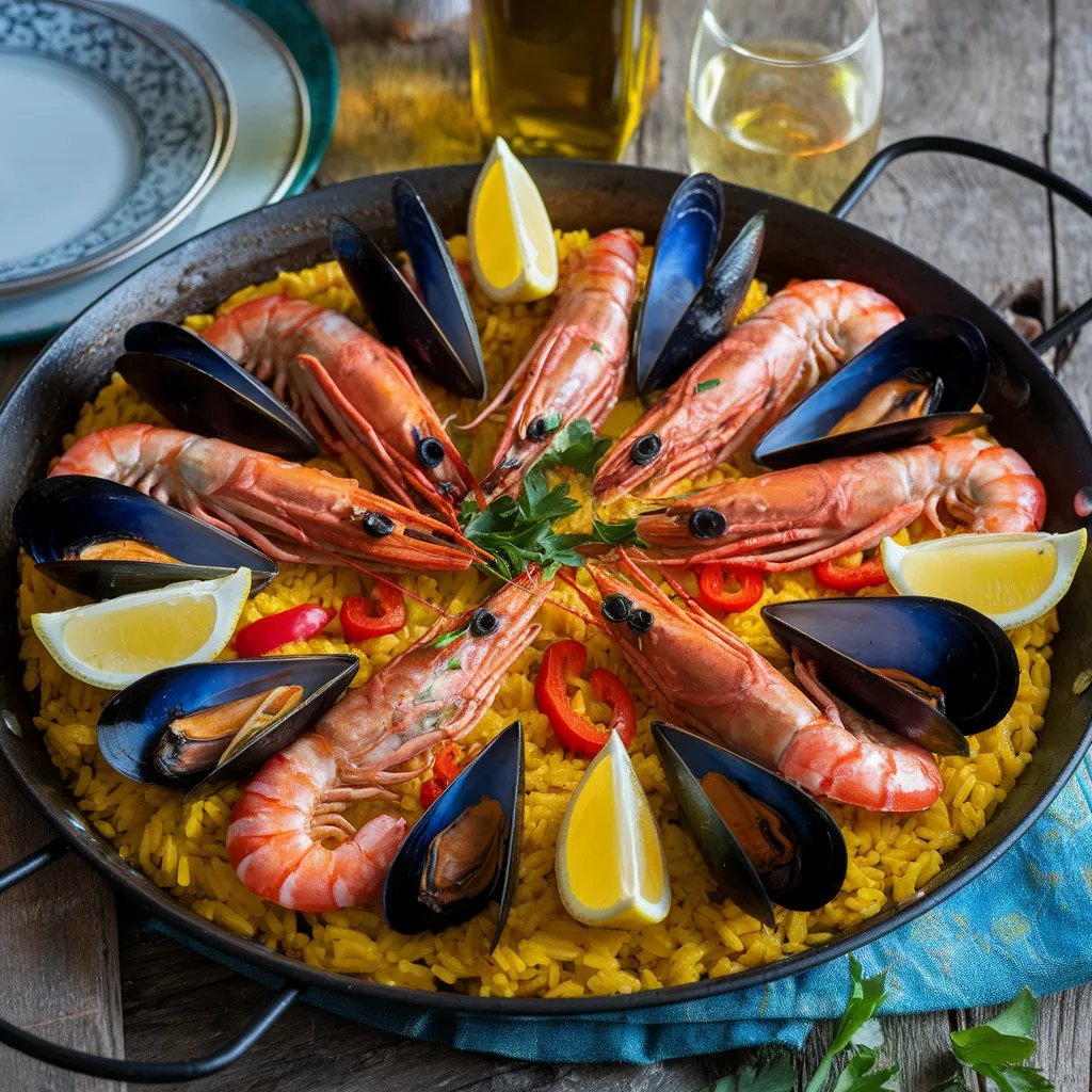 A pan of Spanish paella with seafood, chorizo, and bell peppers garnished with parsley and lemon wedges