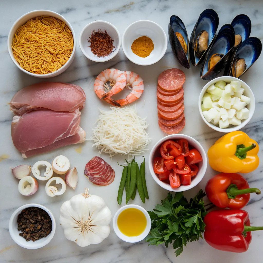 Ingredients for paella, including rice, seafood, chicken, chorizo, vegetables, saffron, and spices, laid out on a marble countertop