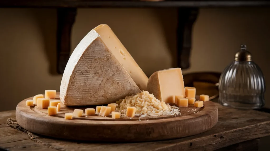 a rustic cheese arrangement on a wooden cutting board