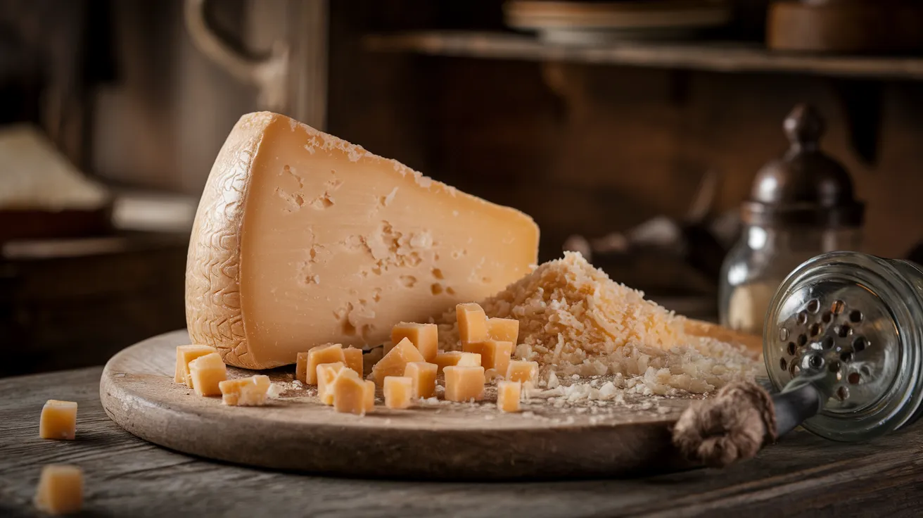 a rustic Parmesan cheese arrangement on a wooden cutting board