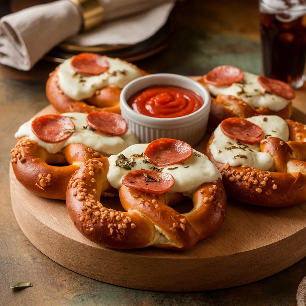 Close-up of a pizza pretzel with melted cheese, pepperoni, and herbs