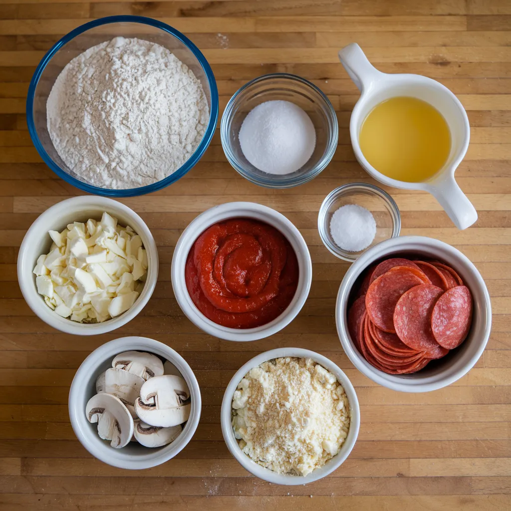 Ingredients for pizza pretzels, including dough, cheese, pizza sauce, and various toppings, displayed on a wooden countertop