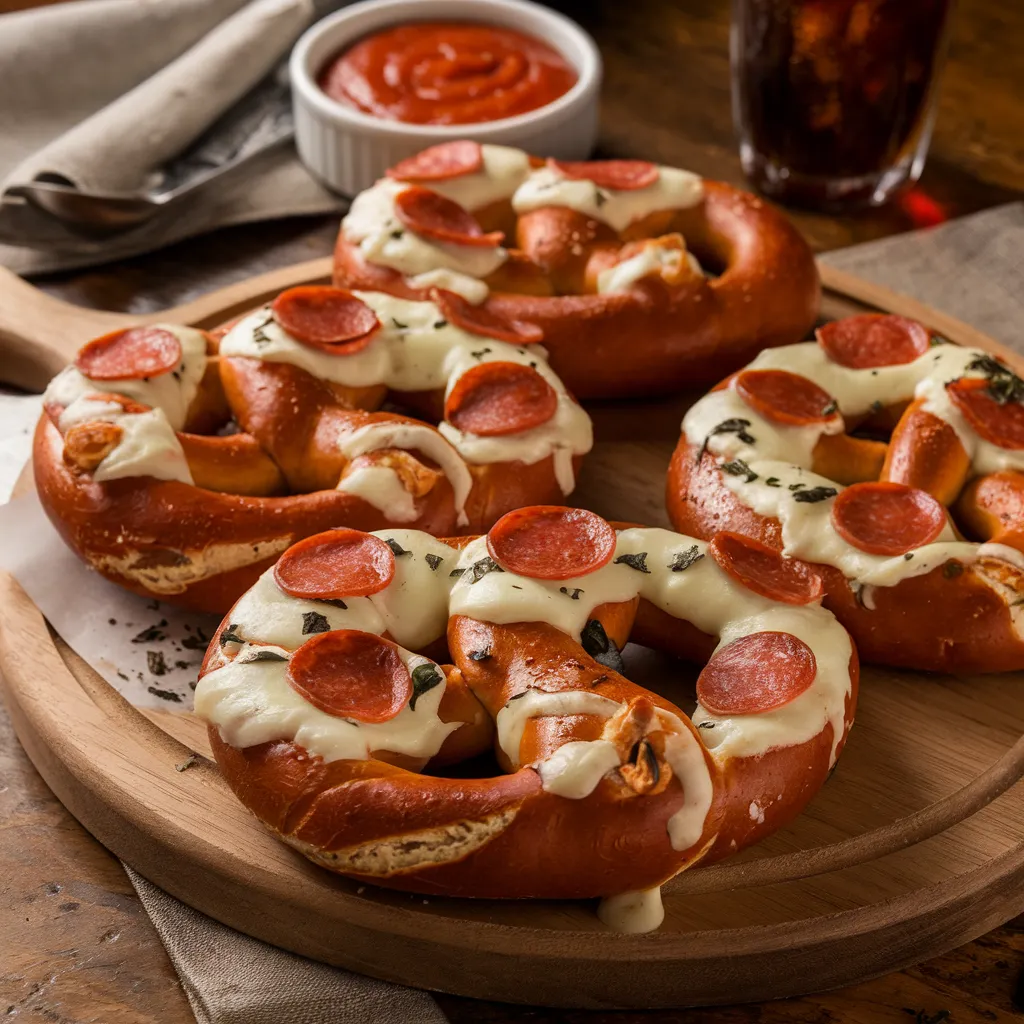 Pizza pretzels with melted cheese and pepperoni on a wooden serving board with marinara sauce.