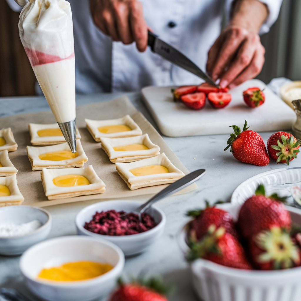 Hands slicing strawberries while puff pastry squares are brushed with egg wash, surrounded by cooking tools and ingredients.