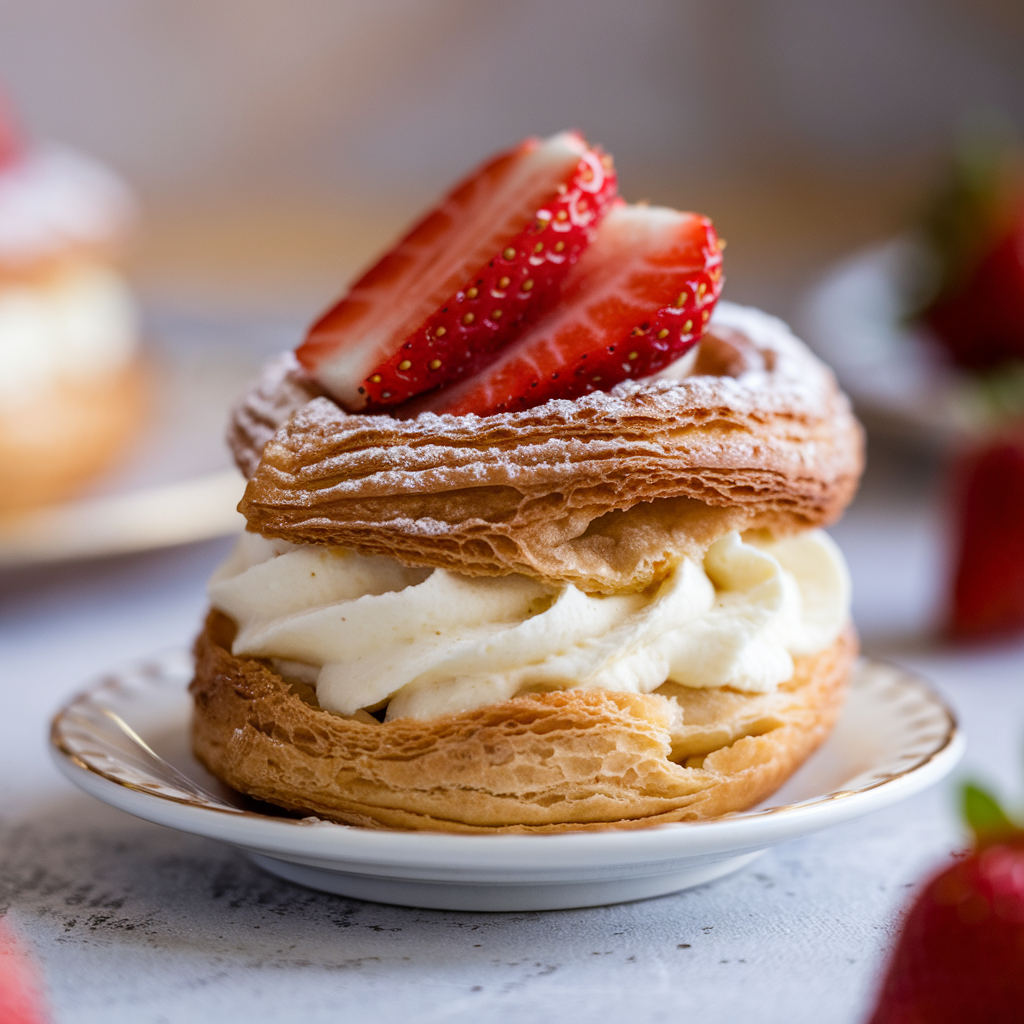 Close-up of a strawberry cream puff pastry on a small white plate, highlighting its flaky layers and creamy filling.