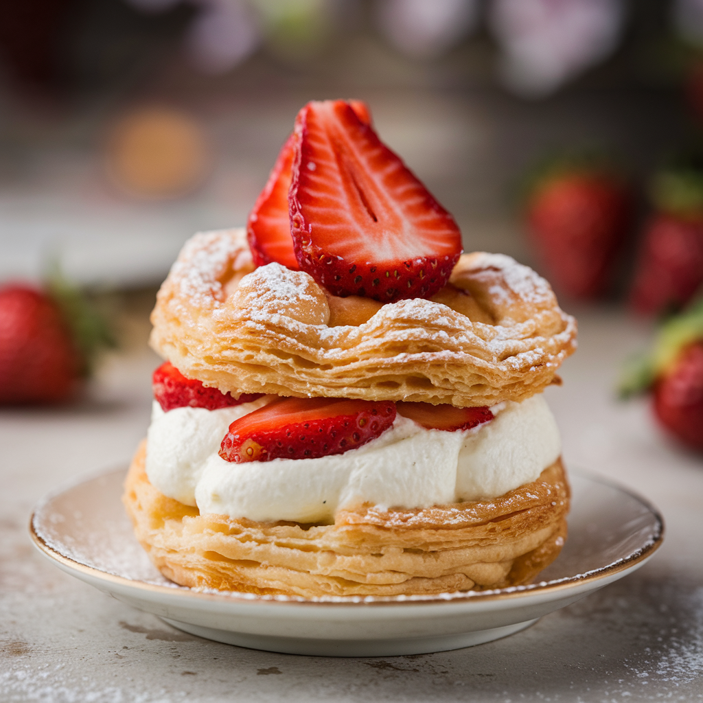 Strawberry cream puff pastries on a white plate, garnished with powdered sugar and fresh strawberries.