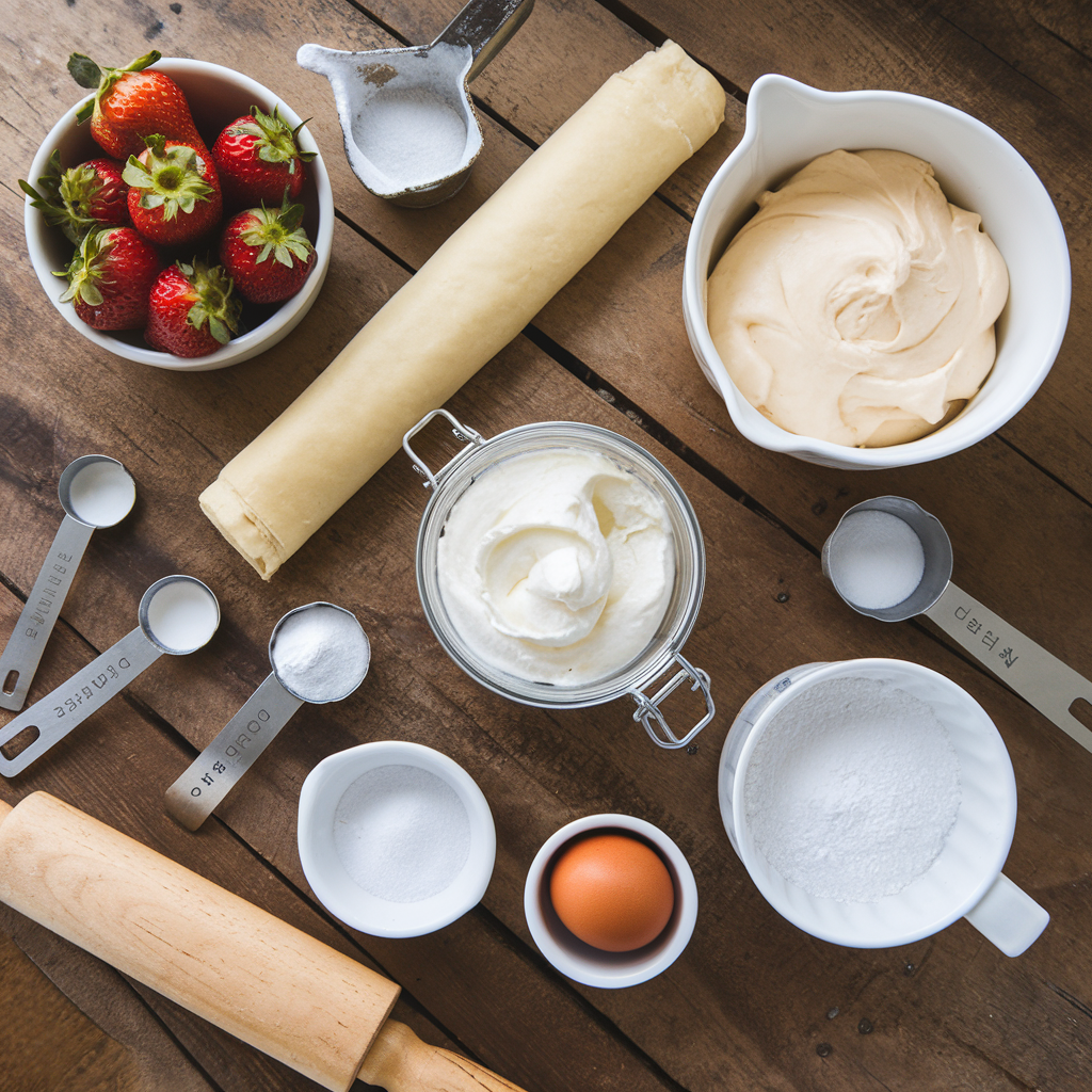 Ingredients for strawberry cream puff pastries, including strawberries, puff pastry, whipped cream, sugar, and an egg, arranged neatly on a wooden table