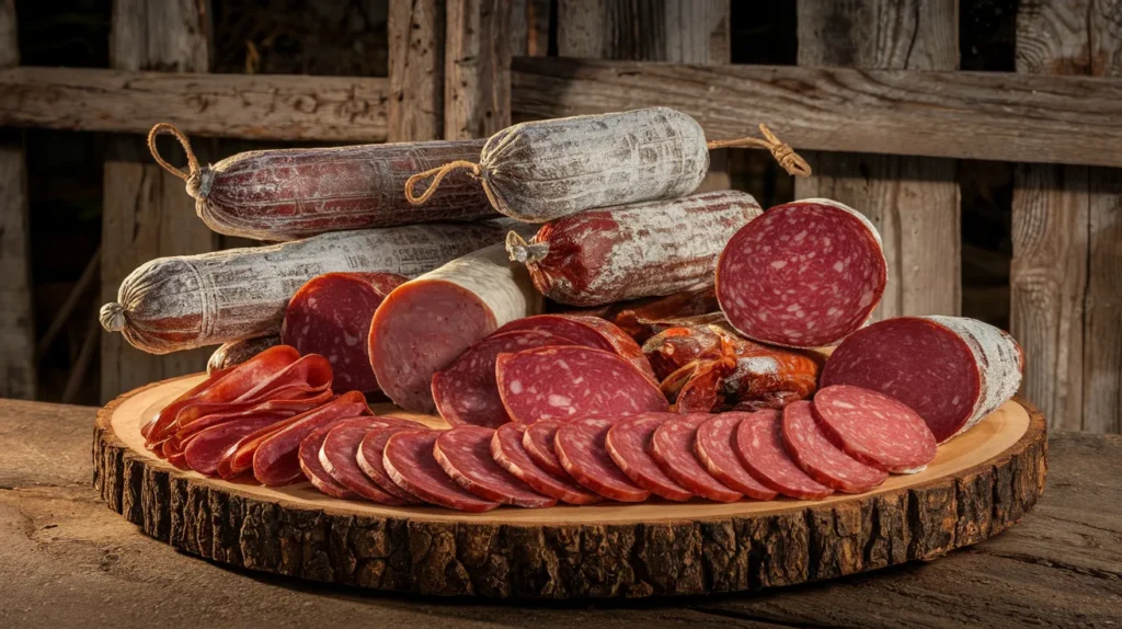 various types of cured meats artfully arranged on a rustic wooden board