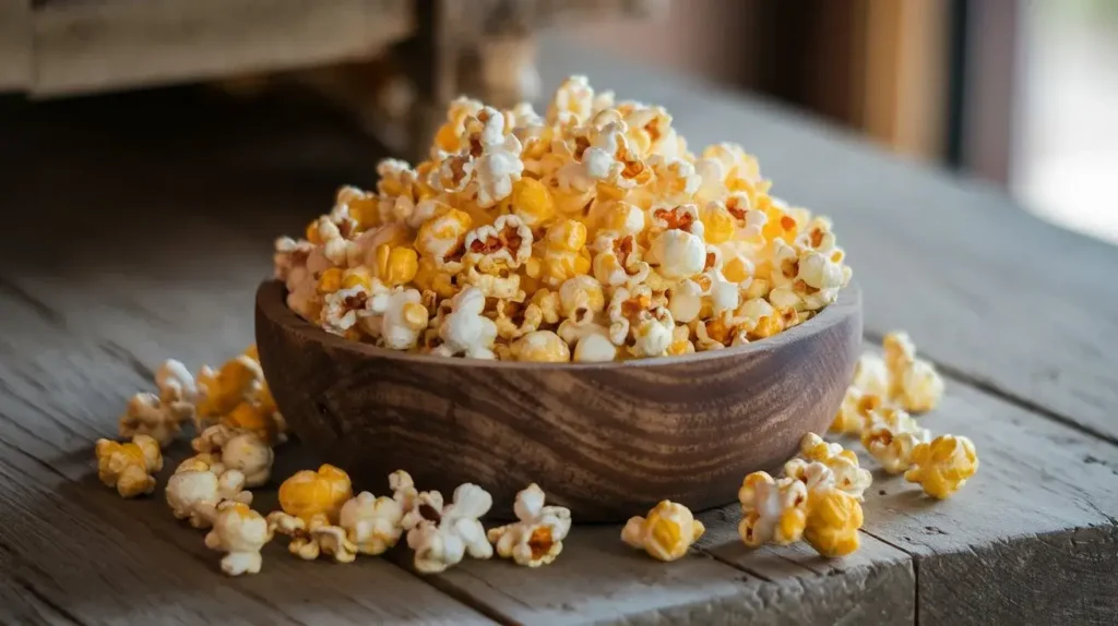 A wooden bowl filled with honey popcorn