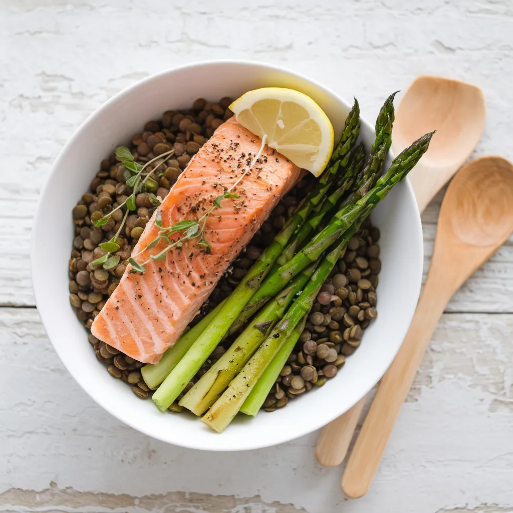 A Sheet Pan Salmon, Lentils, and Asparagus