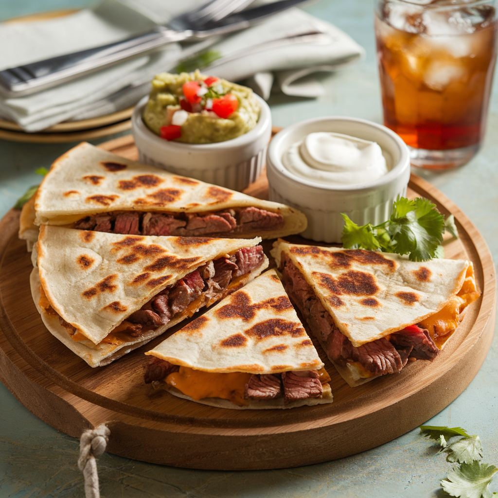 Golden steak quesadilla wedges on a wooden board, served with sour cream, guacamole, and salsa, garnished with cilantro