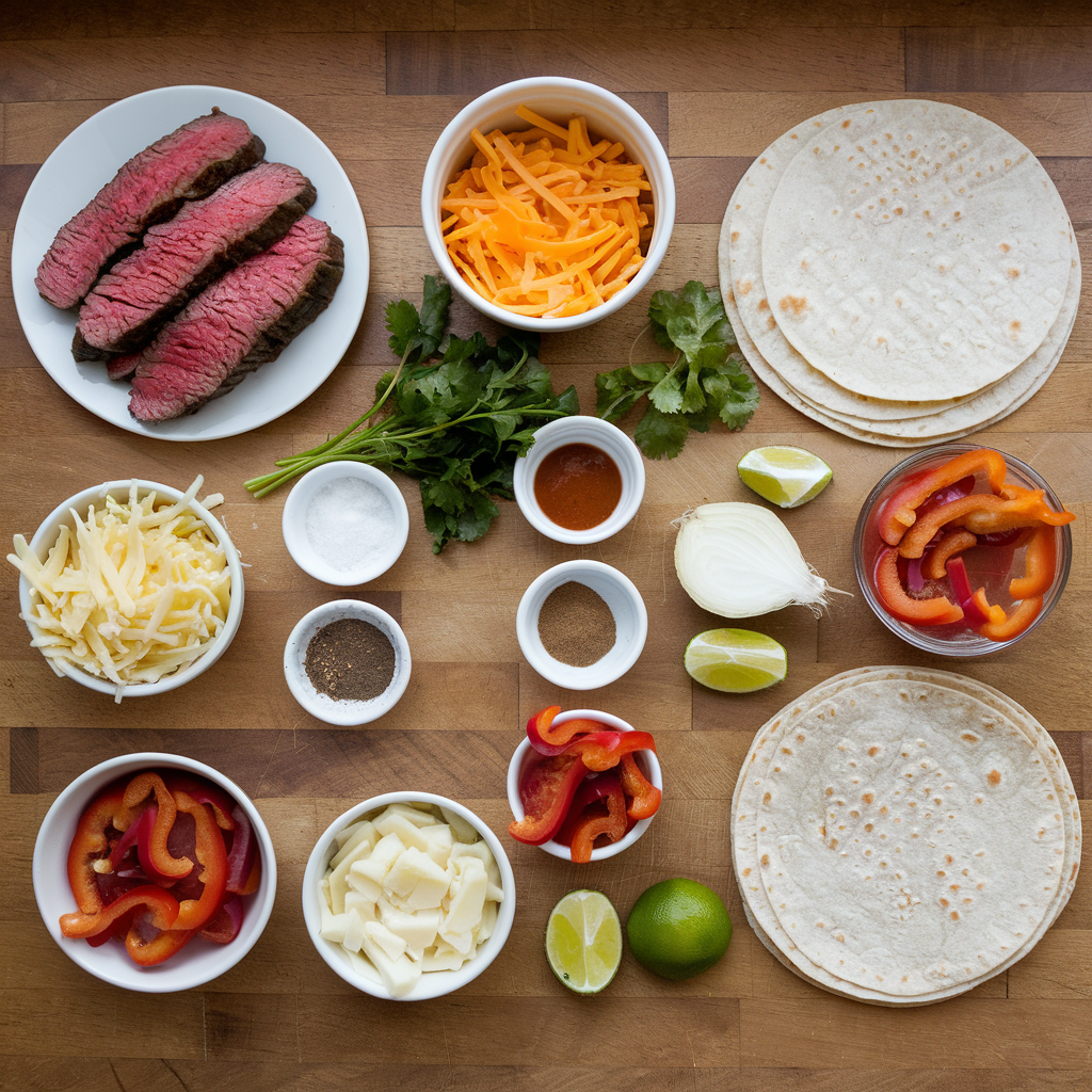 Ingredients for steak quesadillas, including sliced steak, cheese, tortillas, and veggies, arranged on a wooden surface