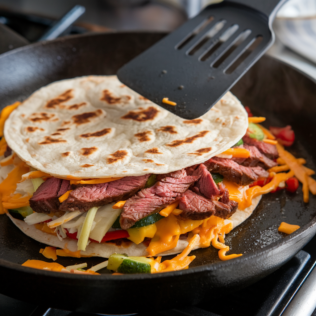 Tortilla in a skillet being filled with cheese, steak, and veggies, ready to be flipped