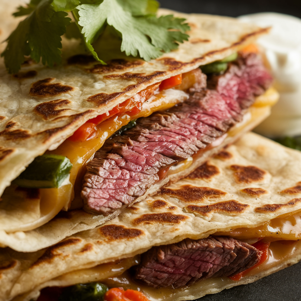 Close-up of a steak quesadilla wedge with steak, cheese, and veggies inside, topped with cilantro and served with sour cream