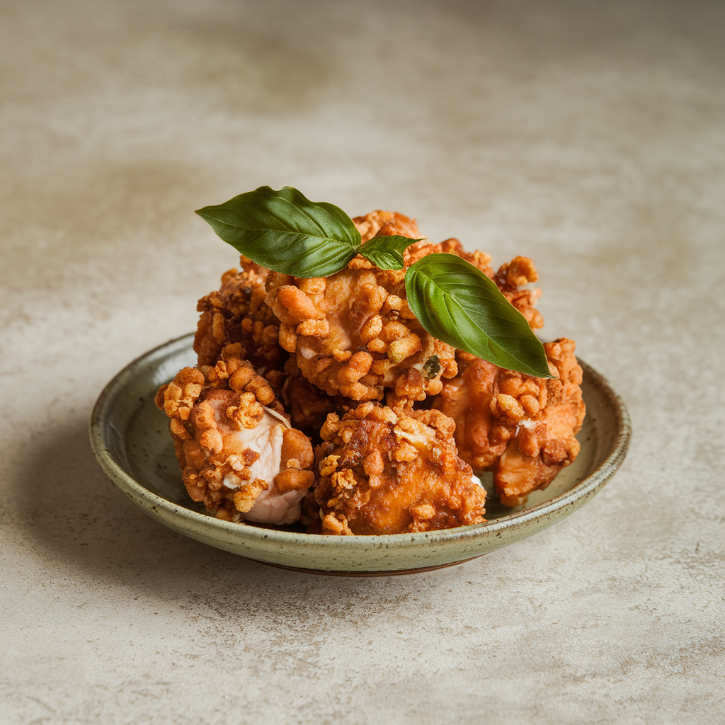 Close-up of Taiwanese popcorn chicken, highlighting its crispy texture and garnished with basil leaves.