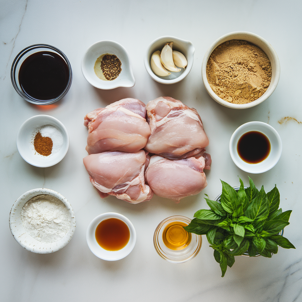 All ingredients for Taiwanese popcorn chicken displayed on a white marble surface in an organized layout