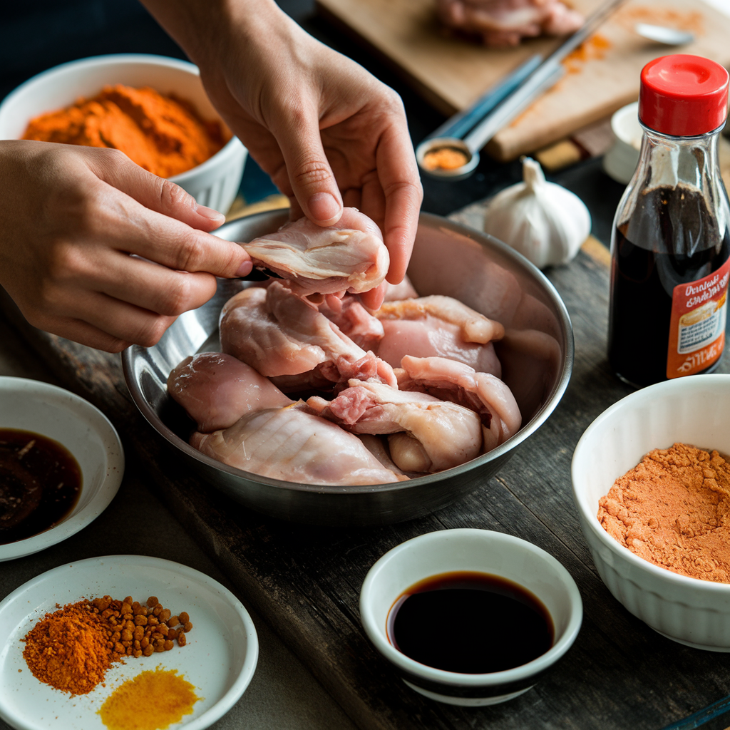 Hands marinating chicken for Taiwanese popcorn chicken, surrounded by ingredients and tools on a wooden surface