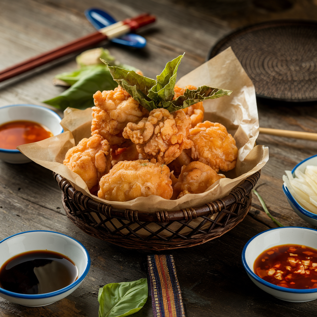 A serving of Taiwanese popcorn chicken in a decorative basket with garnished basil leaves and dipping sauces