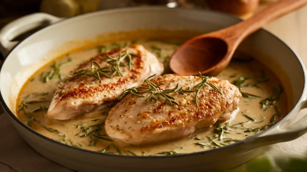 chicken breasts in a creamy sauce garnished with herbs