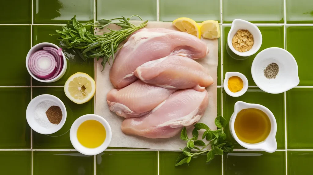 various cooking ingredients arranged on a green tiled surface