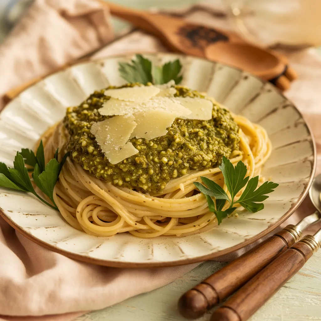 a creamy pasta dish served on a rustic white plate