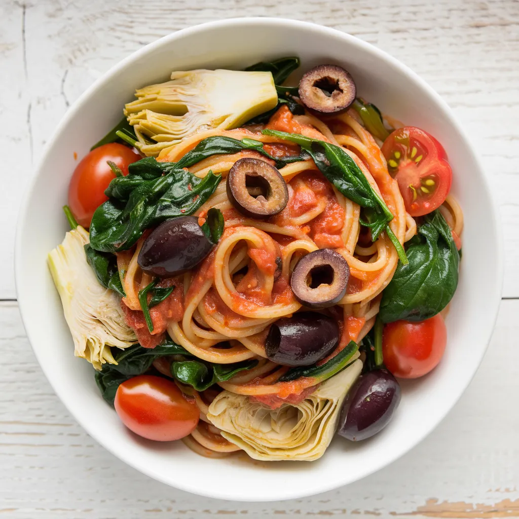 A Vegetarian Pasta Recipes bowl of Mediterranean-inspired spaghetti