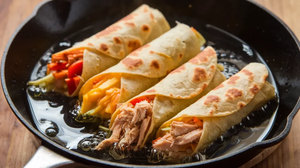 taquitos being fried in a skillet filled with hot oil,