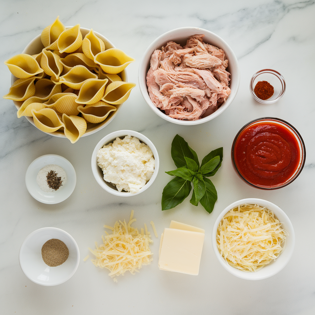 All ingredients for chicken stuffed shells laid out on a white marble counter, including pasta shells, chicken, cheese, sauce, and herbs