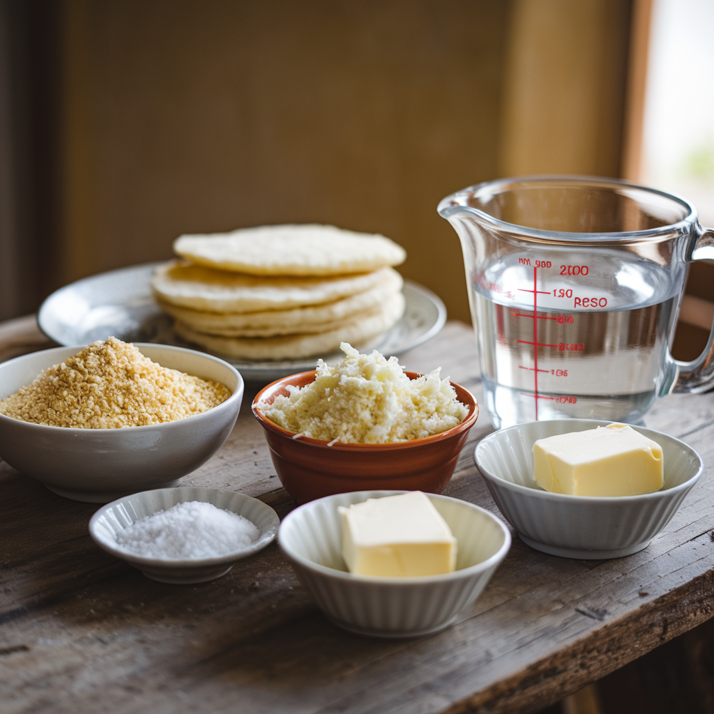 Ingredients for arepas con queso displayed on a wooden table in a clean arrangement