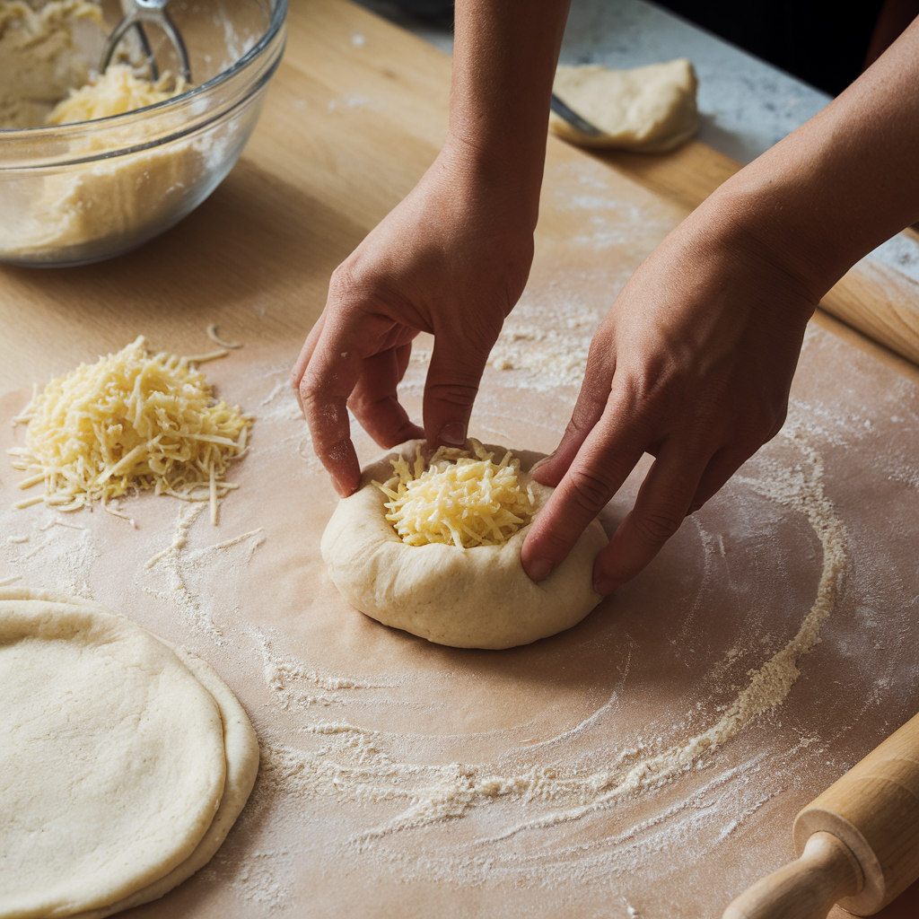 Hands preparing arepas con queso by adding cheese to a dough ball on a floured wooden surface