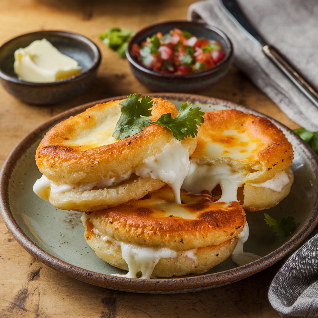 A serving of arepas con queso on a rustic plate with melted cheese and garnishes