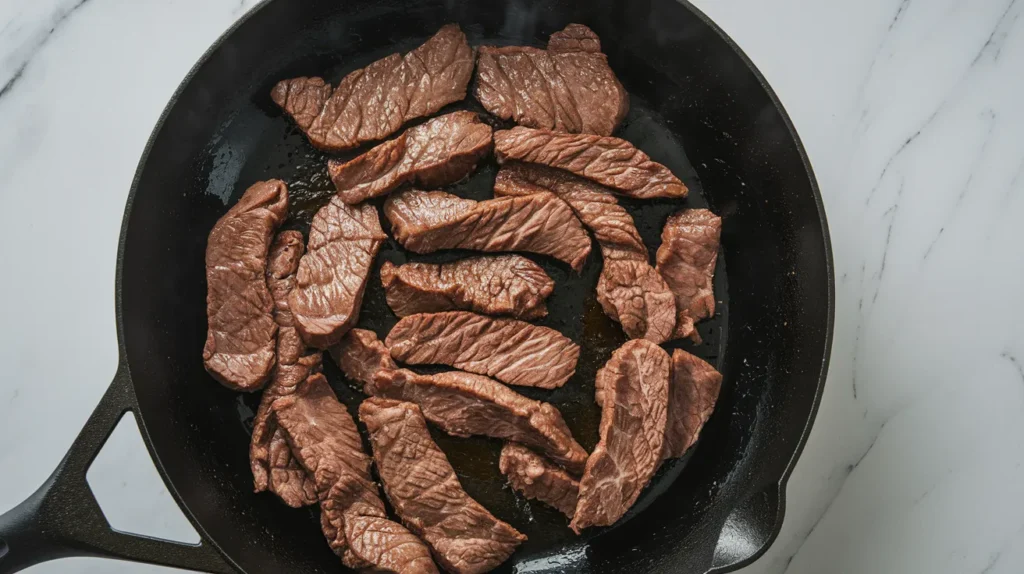 beef strips being sautéed