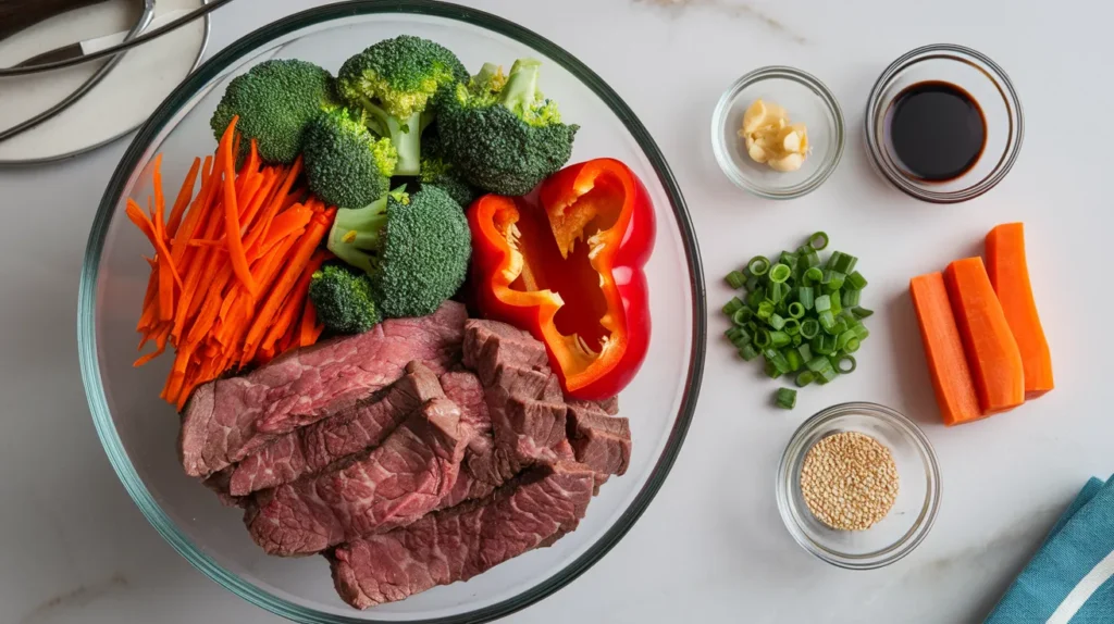 ingredients for a beef stir-fry dish arranged on a white marble surface