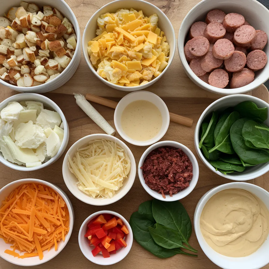 Ingredients for breakfast lasagna, including hash browns, eggs, sausage, cheese, and sauce, displayed neatly