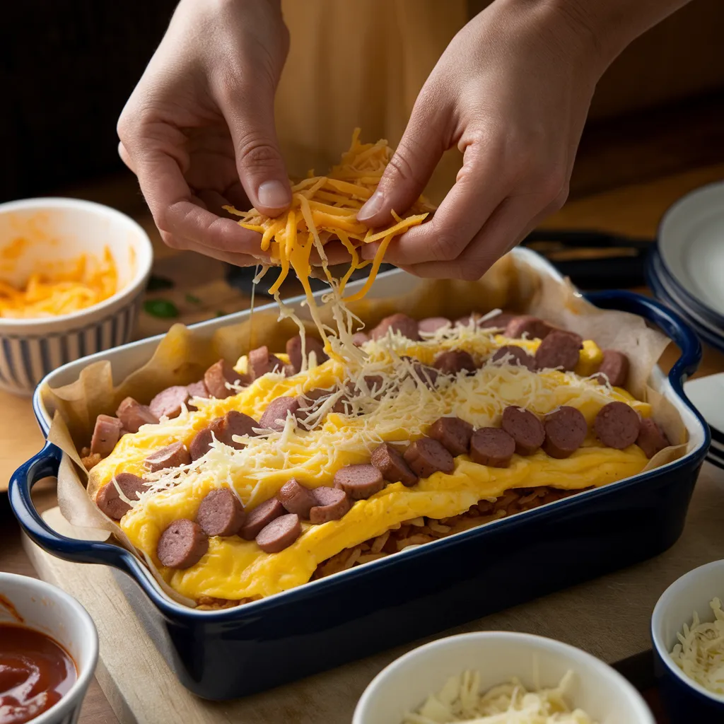 Hands assembling breakfast lasagna by layering eggs, sausage, and cheese in a casserole dish