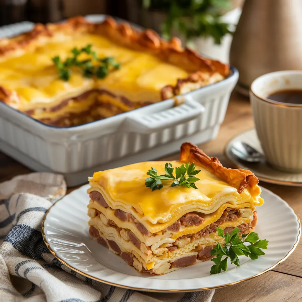 Classic breakfast lasagna in a casserole dish, with a slice served on a plate, garnished with parsley.